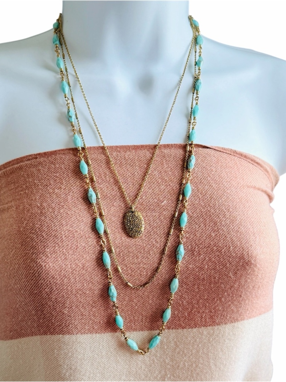 Lucky Brand Faux Turquoise Bead & Brushed Gold Toned Layered Pendant Necklace